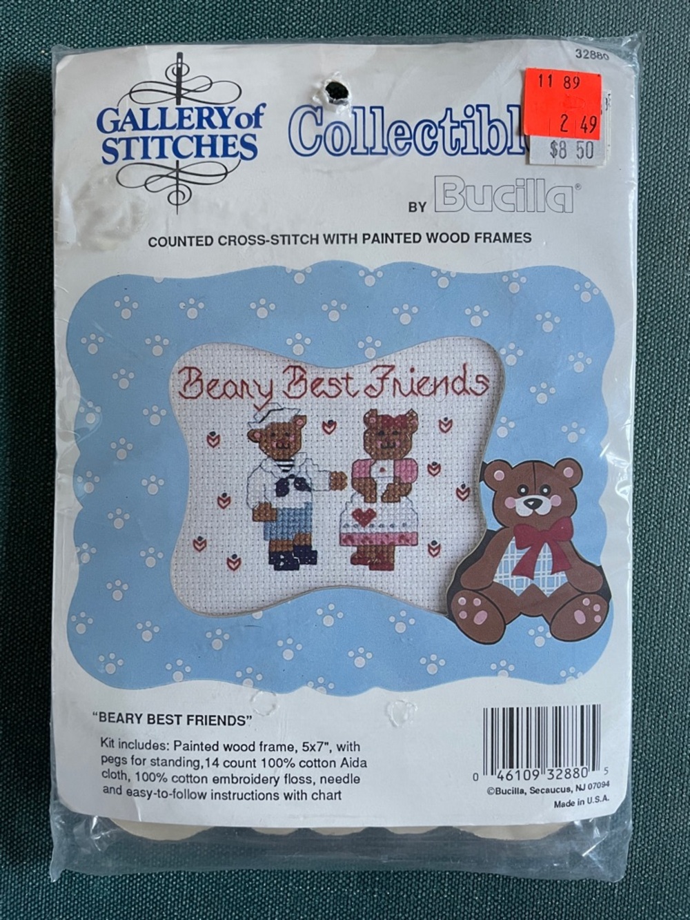 Bucilla Vintage Counted Cross Stitch Kit Beary Best Friends with Wood Frame